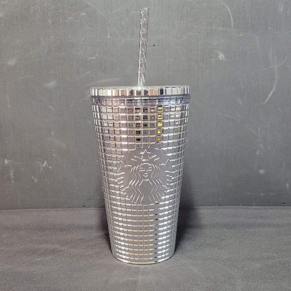 Starbucks 2020 Mirrored Chrome Grid Grande Cold Cup 16oz w/ Straw